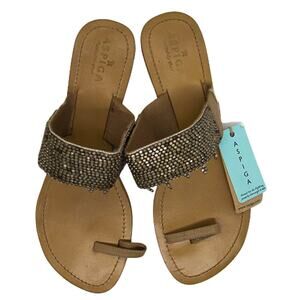 ASPIGA Women New Hand Crafted Leather & Metal Beaded Boho Slide with Toe Cuff 42